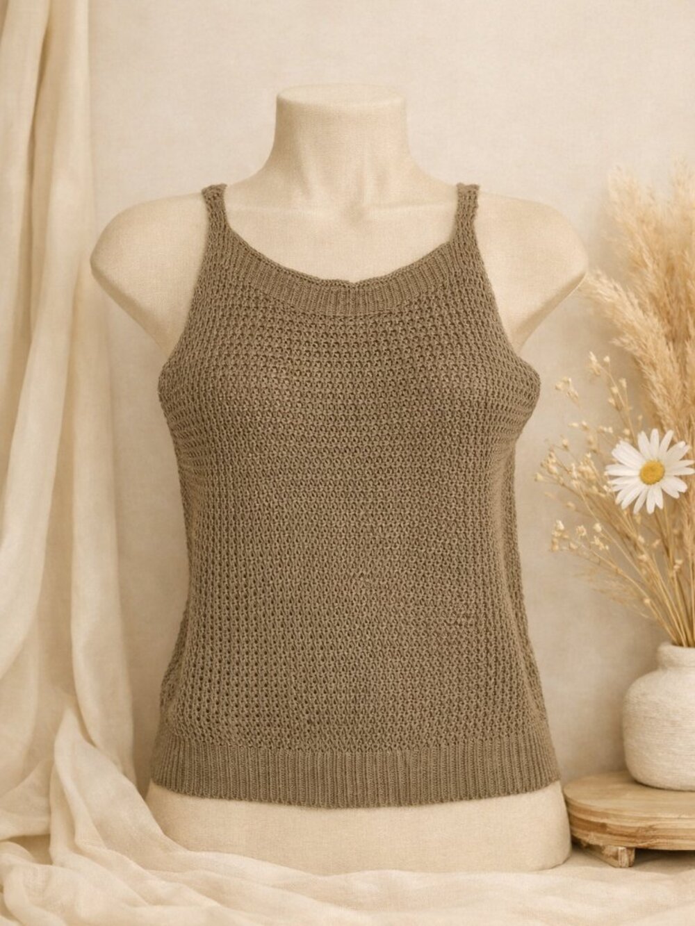 Textured Taupe Knit Tank Boho Crochet Sleeveless Sweater Neutral Coastal Capsule